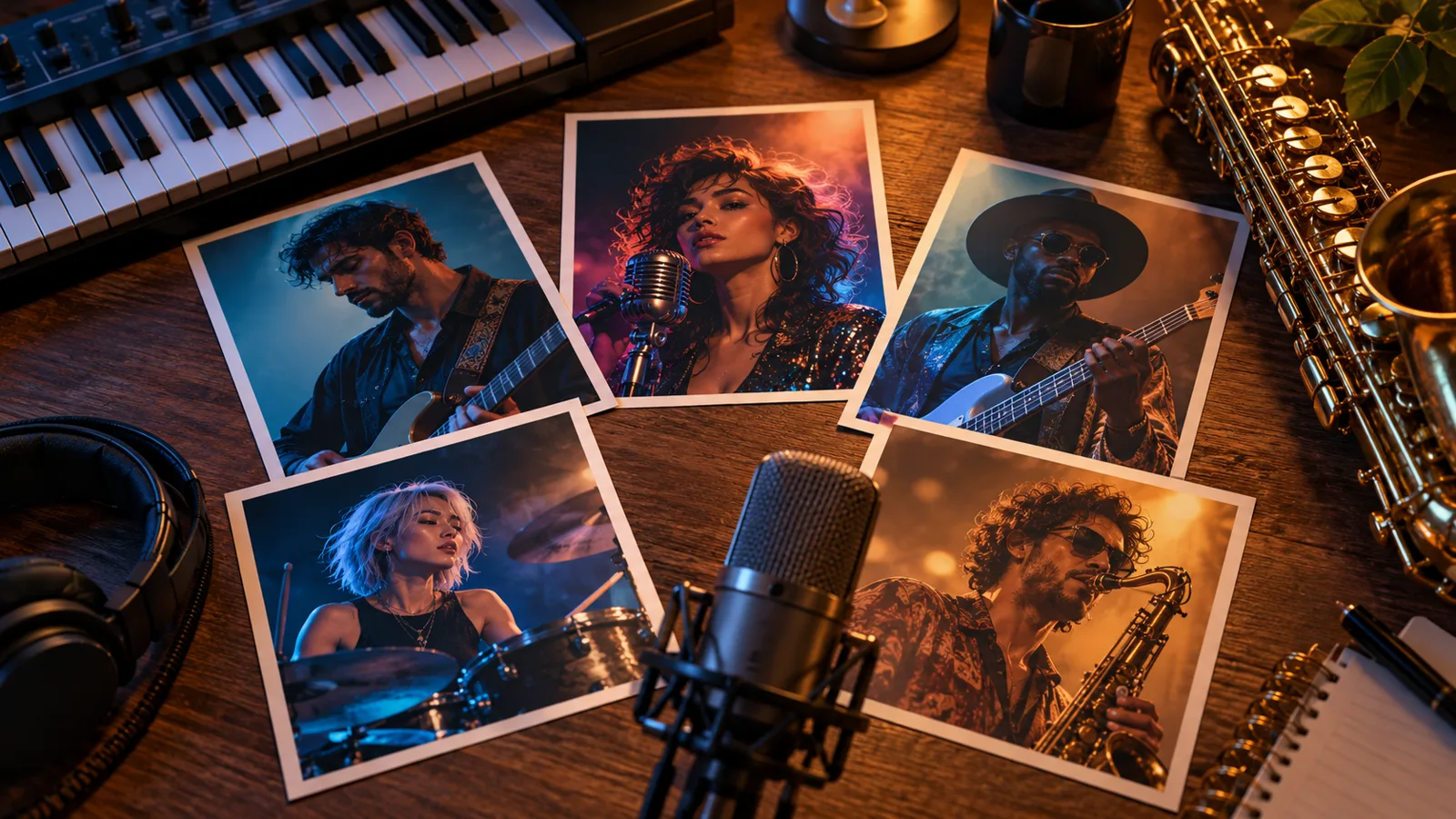 Five fictional musician portraits arranged around a microphone