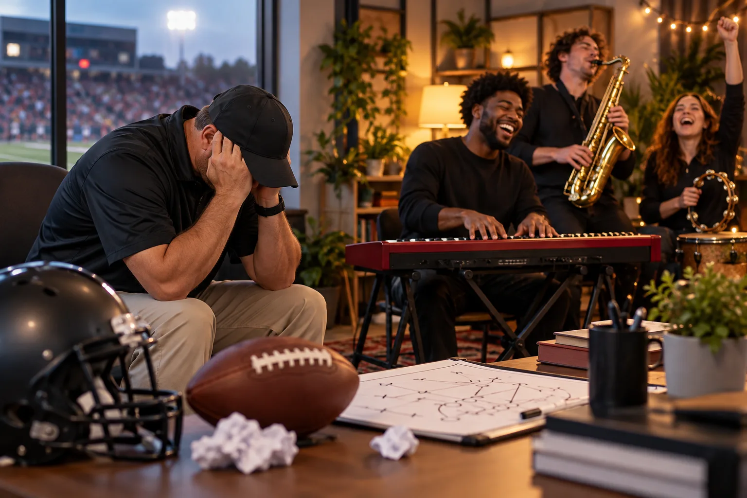 A fictional disappointed football coach beside a cheerful band