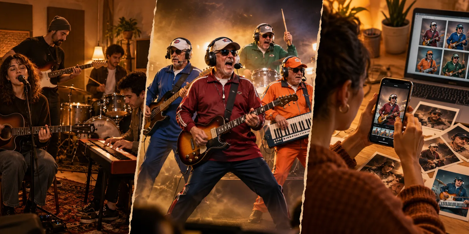 Conceptual collage comparing a band, football-themed parody and a creator