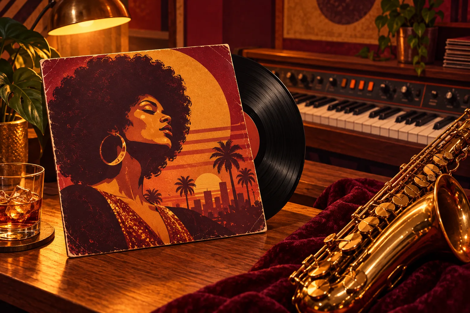A fictional vintage funk record beside a keyboard and saxophone