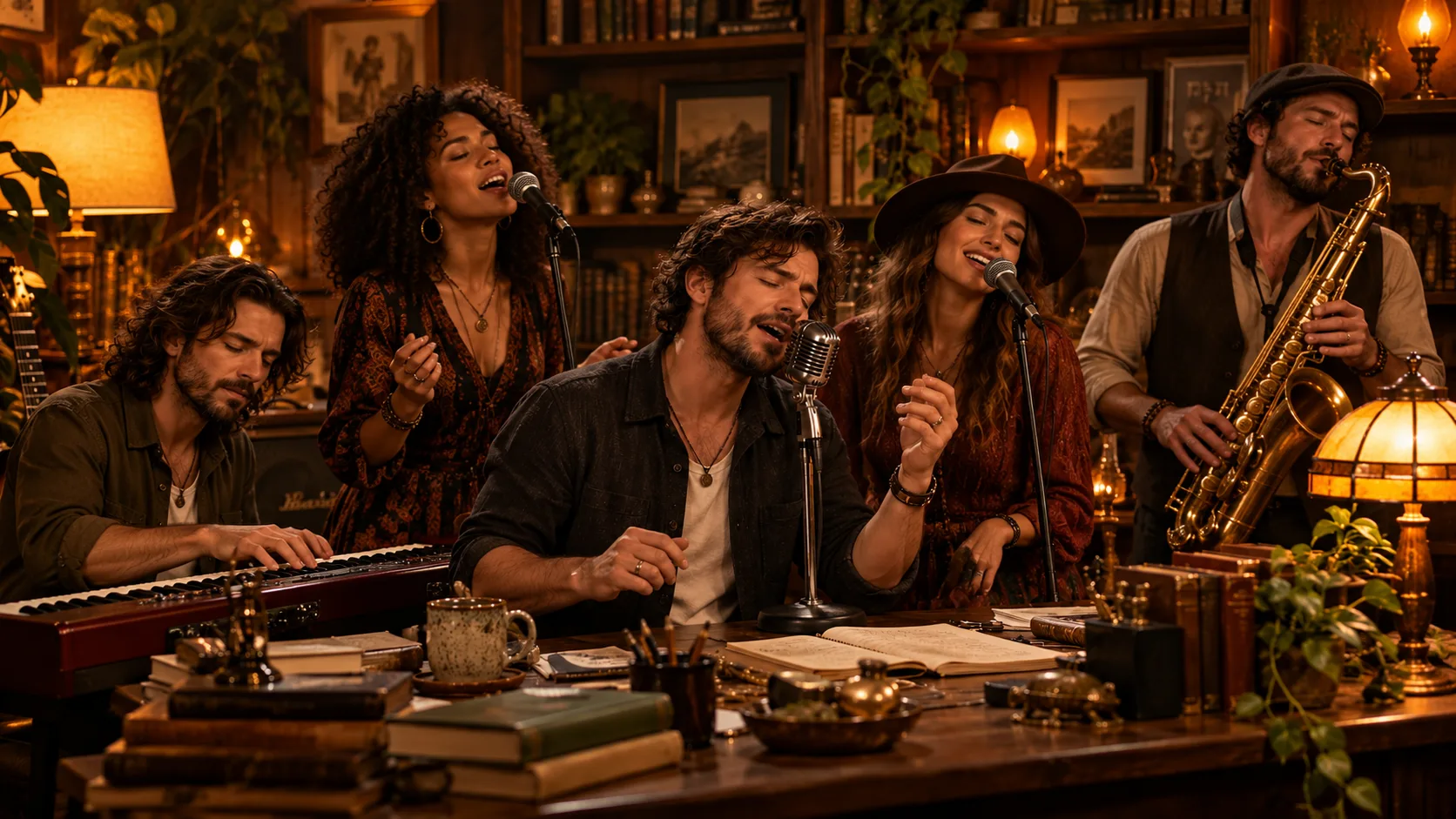 A fictional five-person band performing around a desk