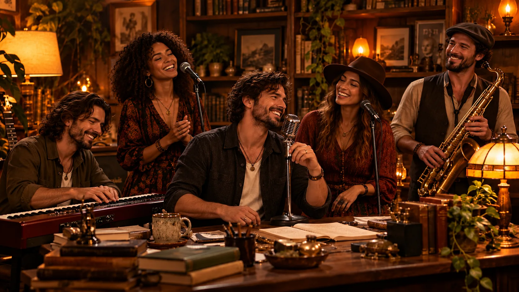 A fictional five-person band smiling at the end of a performance