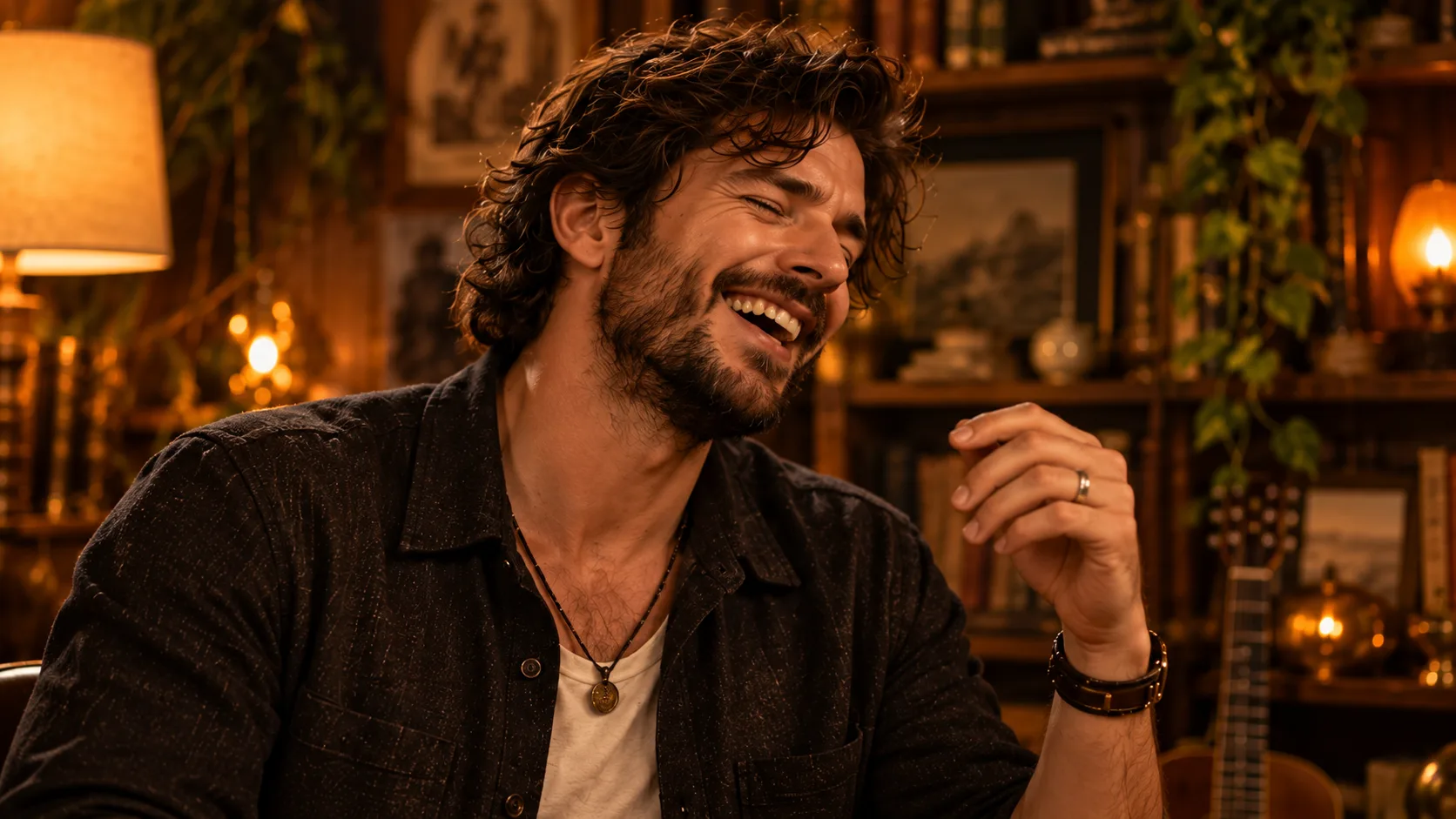 A fictional lead singer laughing between phrases