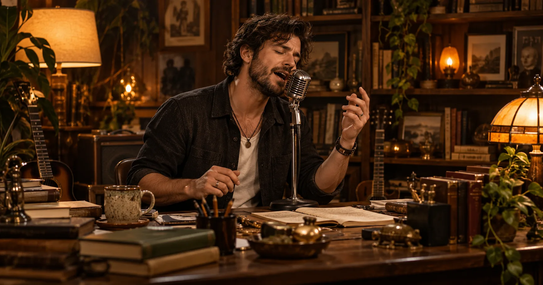A fictional lead singer performing at a desk microphone