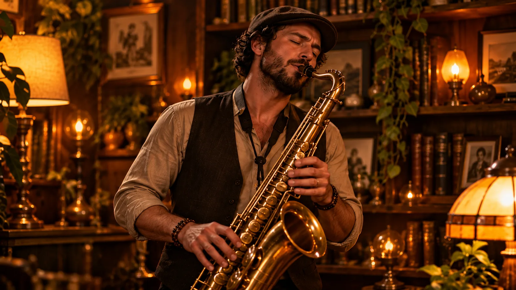 A fictional saxophone player performing near a desk
